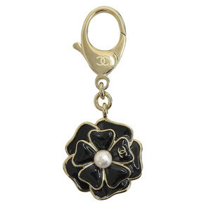 CHANEL B25B Coco Mark Camellia Keychain with Faux Pearl, Black and Gold, Made...